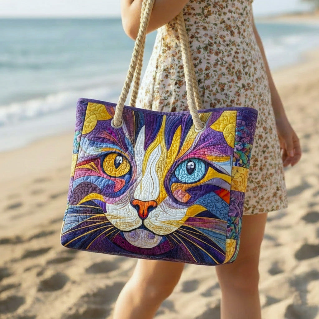 Handcrafted beach bag by Catitude, purple and yellow cat face with rope handles