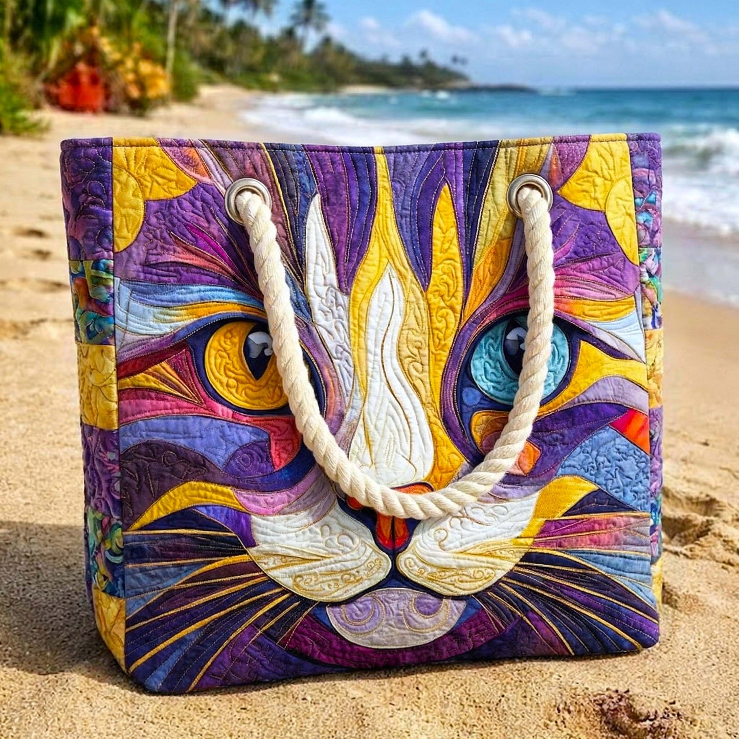 Handcrafted beach bag by Catitude, quilted cat-face patchwork with white rope handles