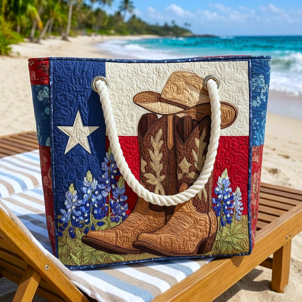 Handcrafted beach bag with rope handles, quilted patchwork and cowboy boot design