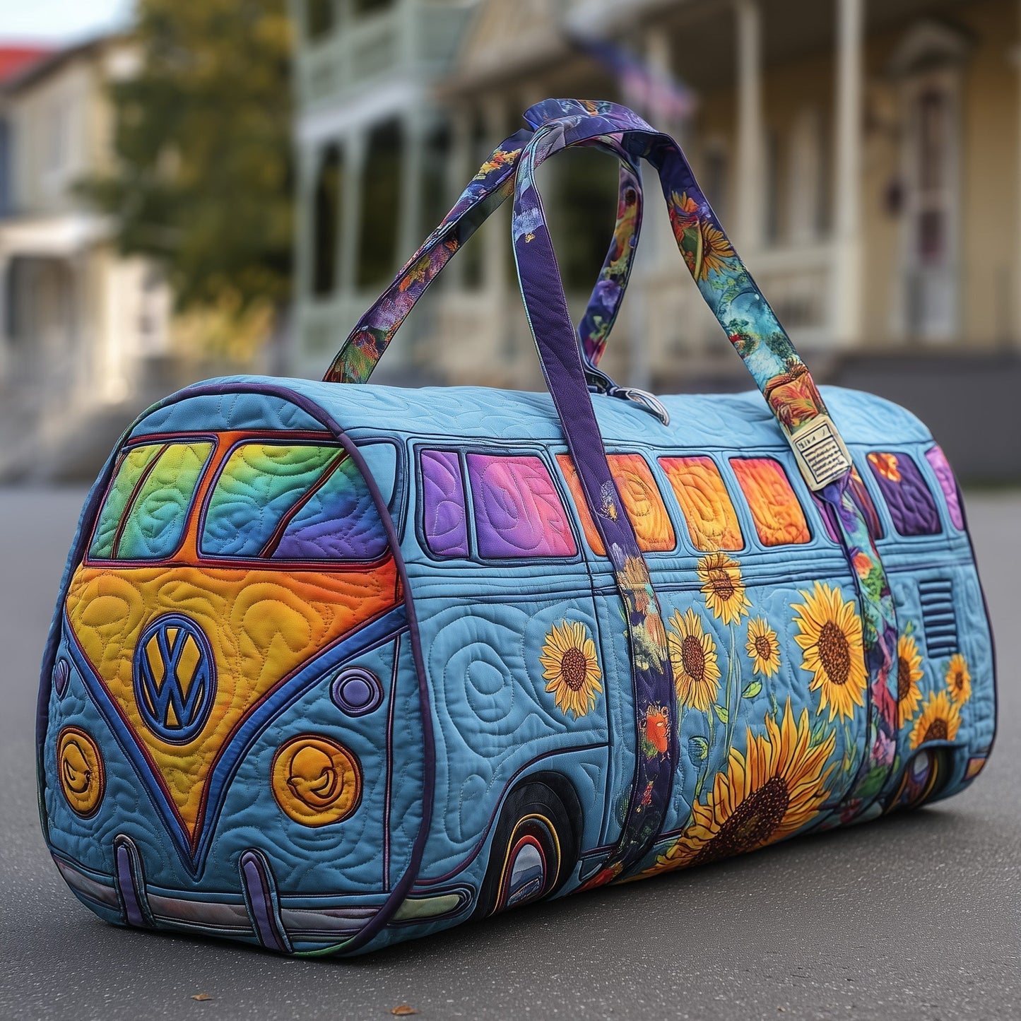 Quilted duffle bag with colorful patchwork print, top handles, zipper front pocket