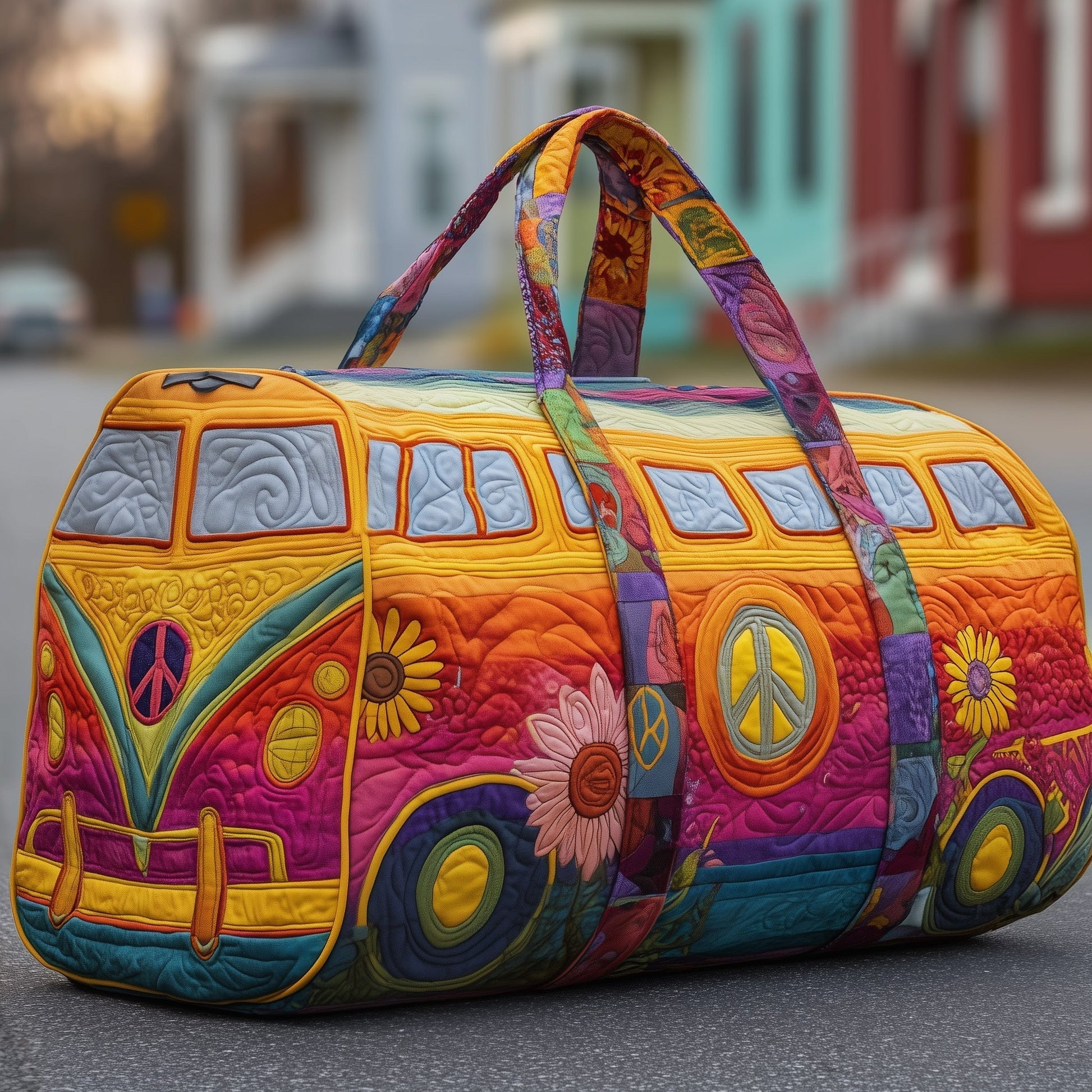 Colorful quilted travel duffle bag with patchwork panels, carry handles, and zipper