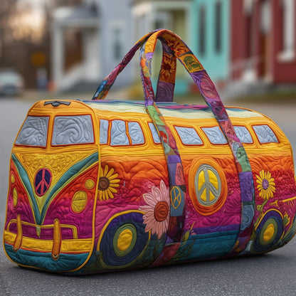 Colorful quilted travel duffle bag with patchwork panels, carry handles, and zipper