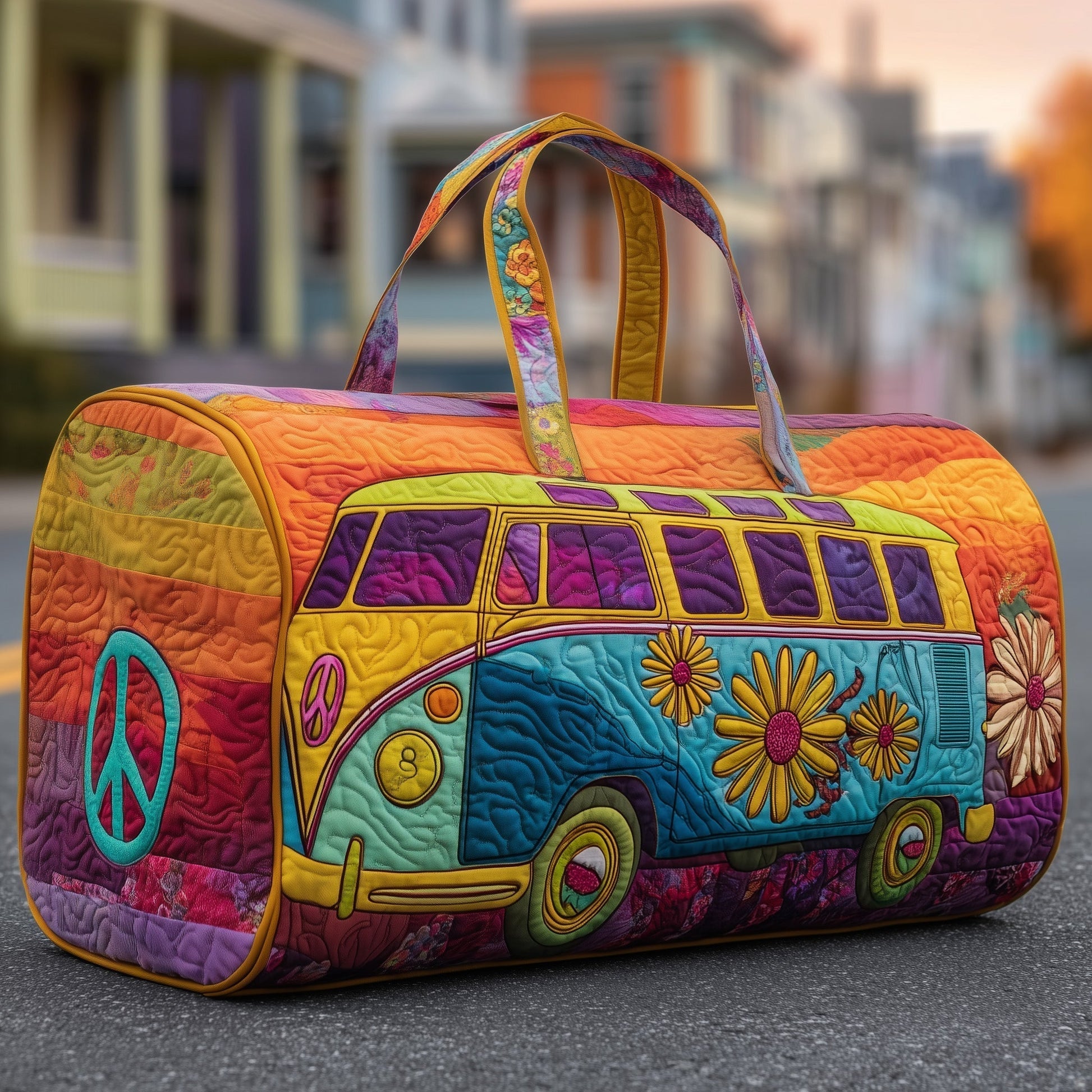 Quilted duffle bag with bus applique, colorful patchwork panels, and top zipper