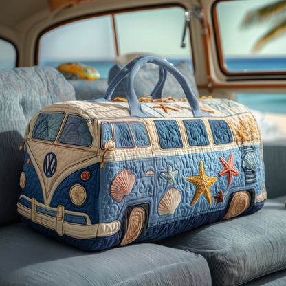 Quilted duffle bag shaped like a vintage van, blue and cream with beach motifs