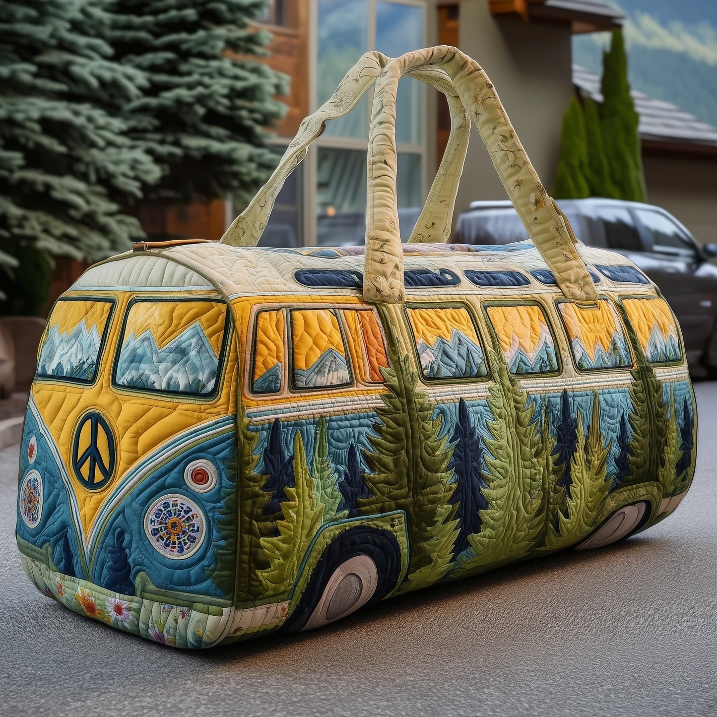 Quilted travel duffle bag with top handles, van patchwork print, quilted panels, front view