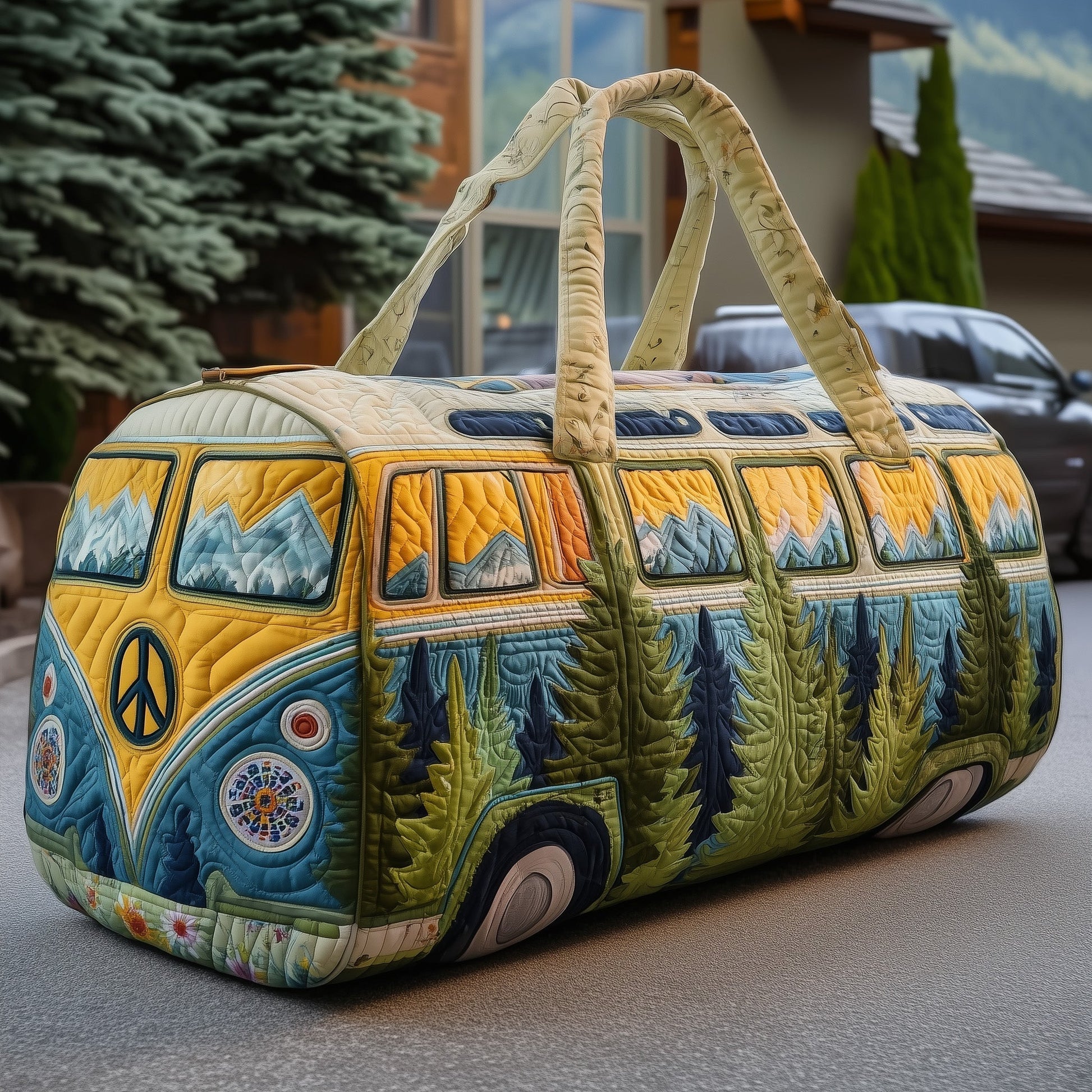Quilted travel duffle bag with top handles, van patchwork print, quilted panels, front view