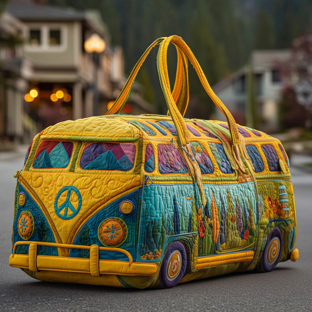 Quilted duffle bag with peace van graphic, multicolor quilted fabric and carry handles.