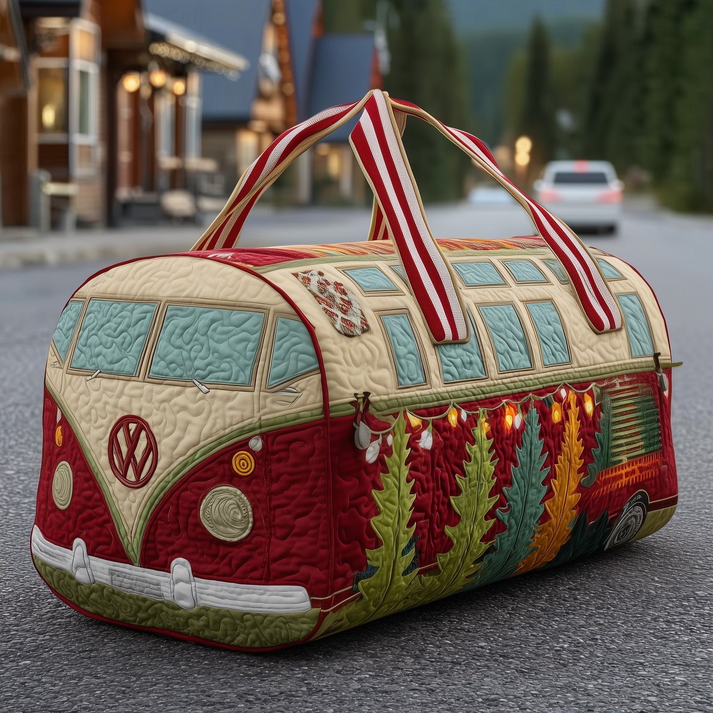 Quilted duffle bag with multicolor patchwork and striped handles, zip top