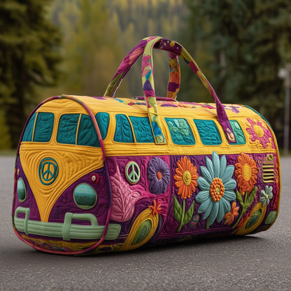 Quilted duffle bag in yellow and purple with peace sign panels, padded handles
