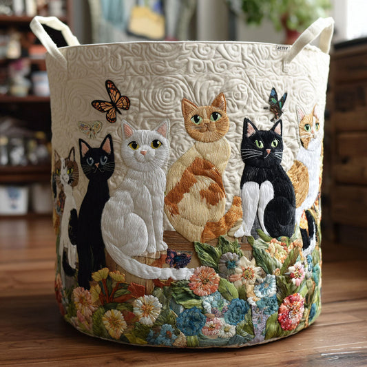 Handcrafted Laundry Basket with Garden Cats Design Margaret York