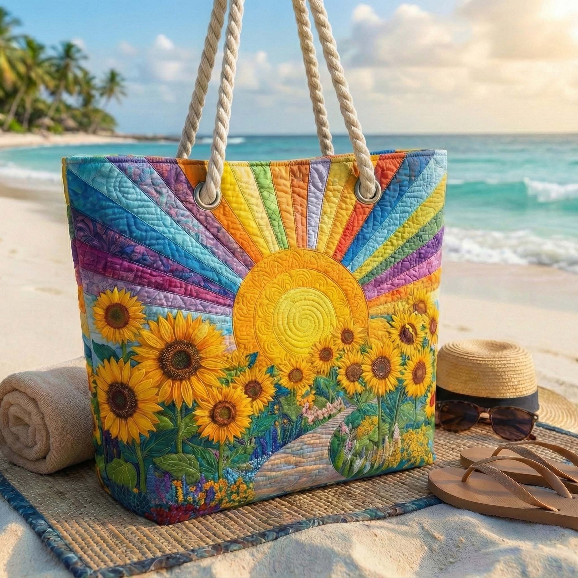 Quilted beach tote bag with rainbow stripes, sunflower print, and yellow sun medallion, rope handles