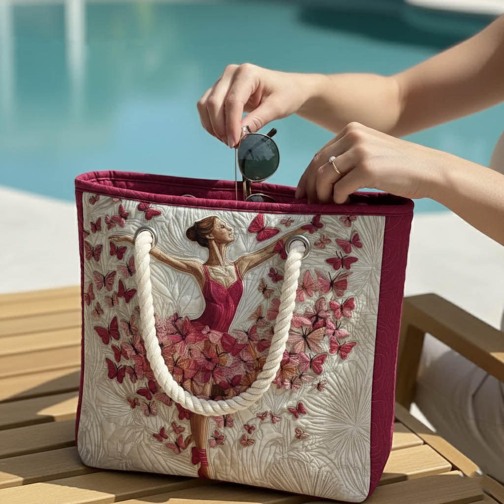 Quilted beach tote, cream and maroon with rope handles; open top with hand lifting lid