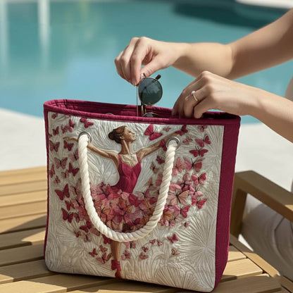 Quilted beach tote, cream and maroon with rope handles; open top with hand lifting lid