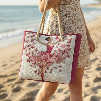 Quilted beach tote in cream with maroon border, rope handles, ballerina and butterfly motif