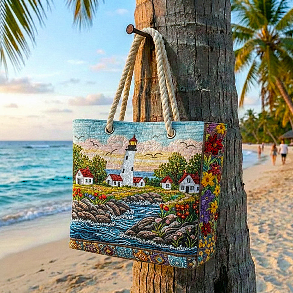 Handcrafted beach bag with lighthouse artwork, rope handles, floral side panels
