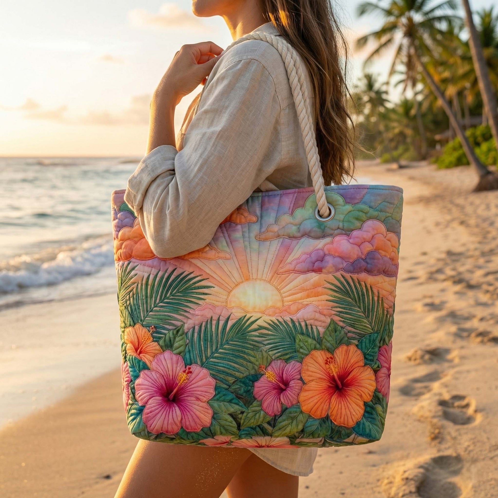 Handcrafted beach tote bag with tropical floral sunrise print and rope handles