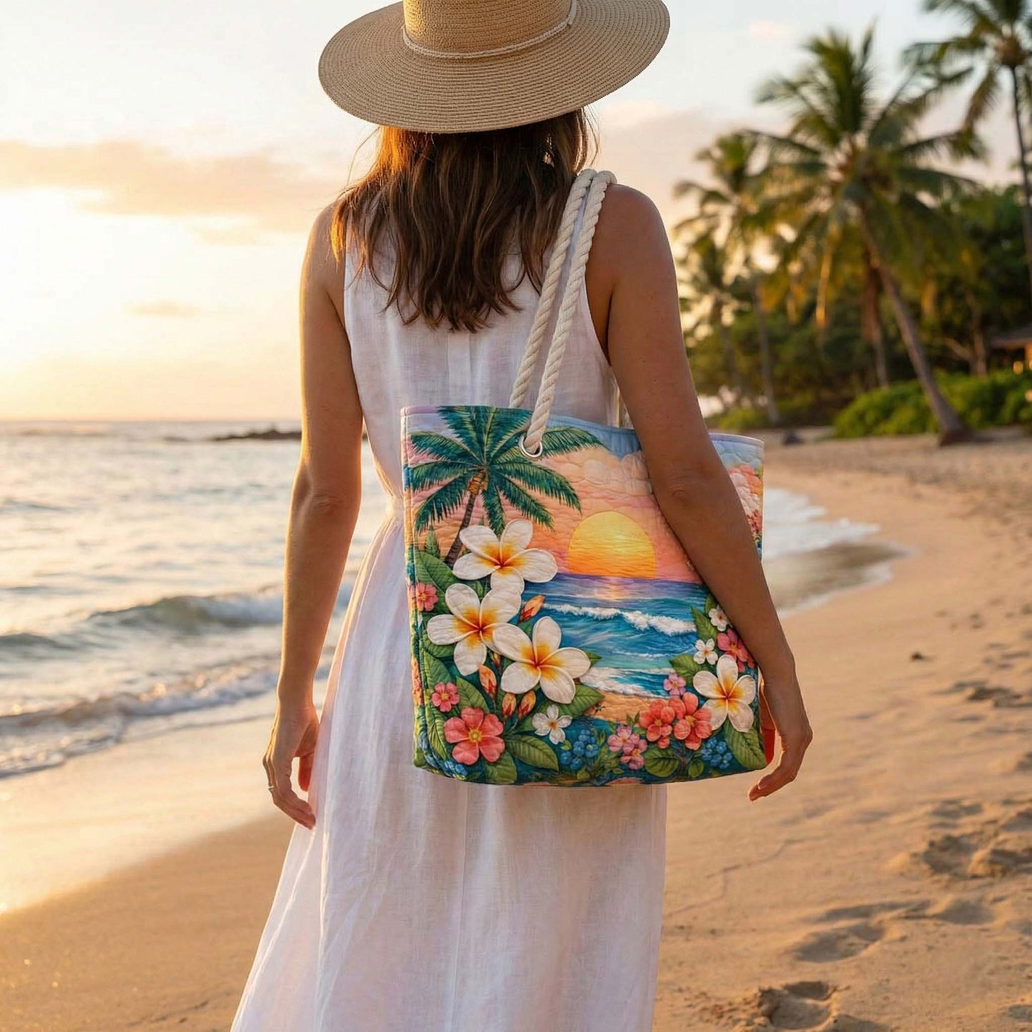 Handcrafted beach bag with tropical floral print and braided rope handles