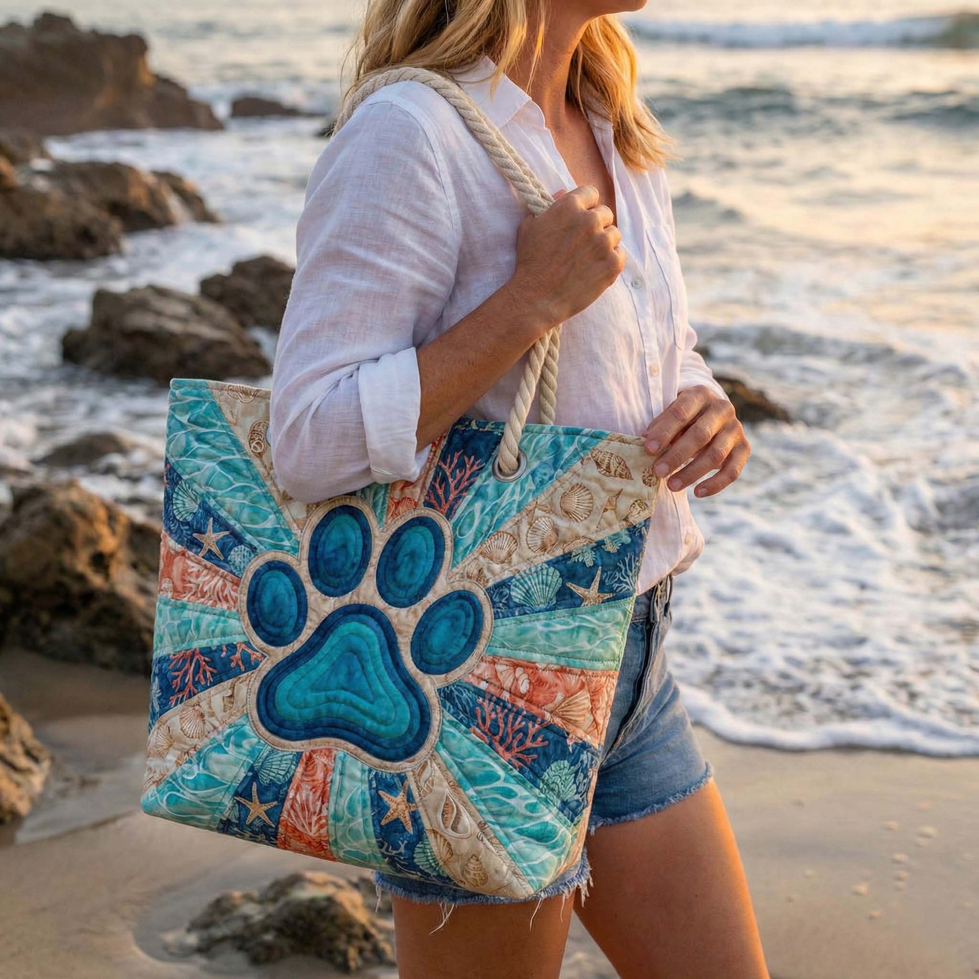 Quilted beach tote with paw print applique, carried with rope handles