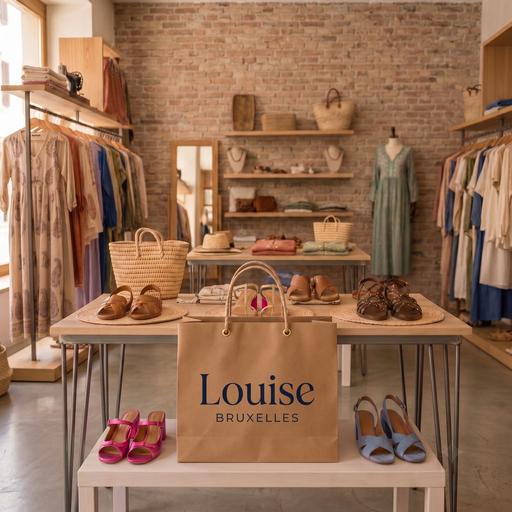 Elegant set display in boutique with striped garments, shoes, and Louise Bruxelles bag