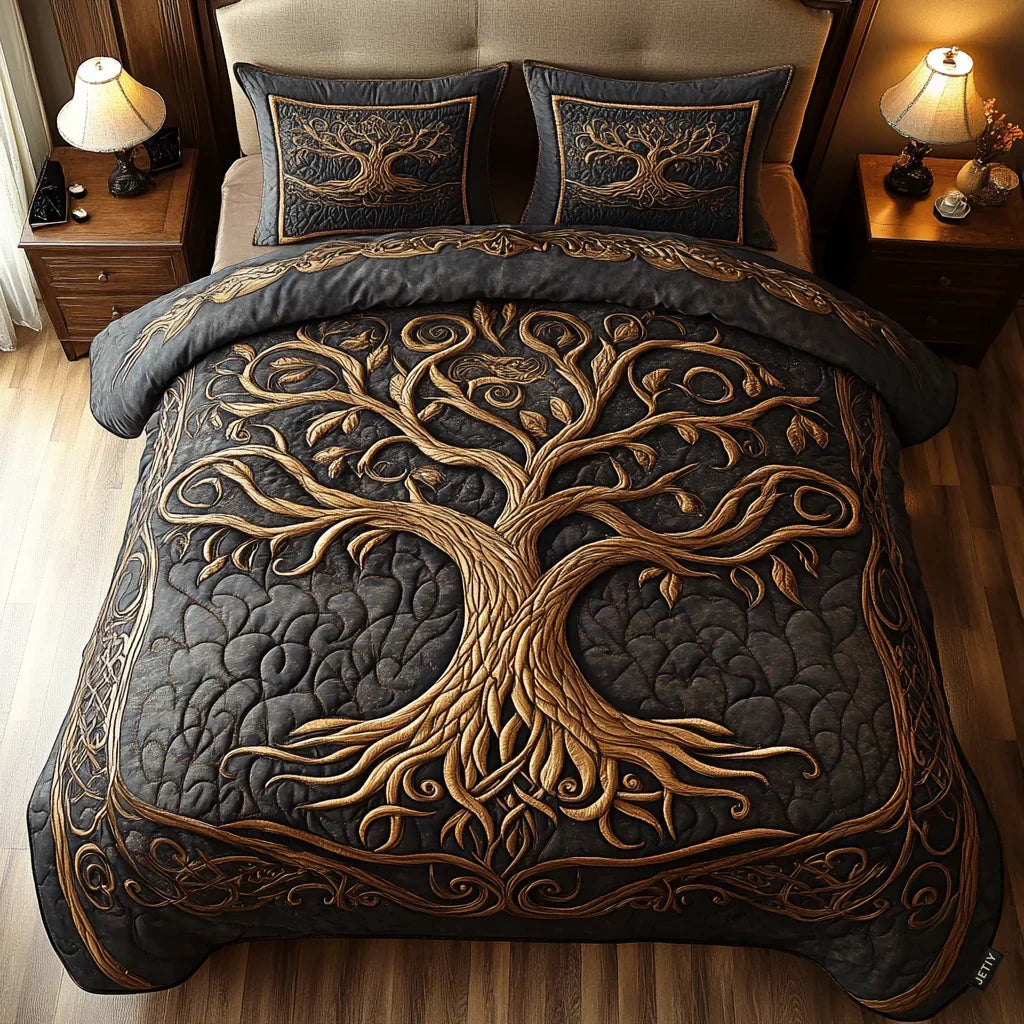 3-piece quilted bed set with gold Tree of Life embroidery, dark gray bedspread and 2 pillows