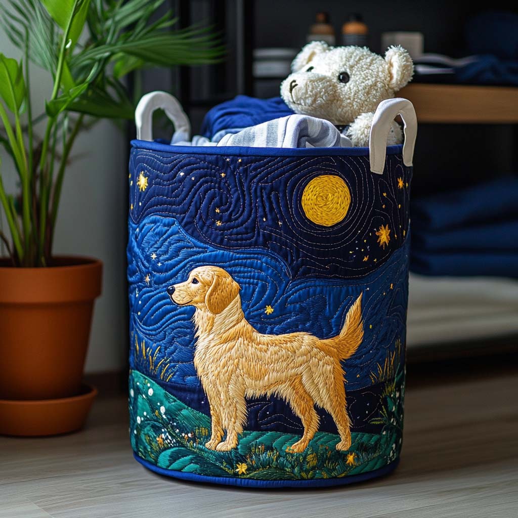 Blue fabric laundry basket with embroidered golden dog charm and starry night design