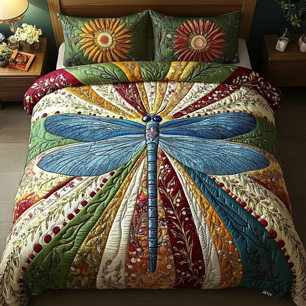 3-Piece Golden Dragonfly Quilted Bed Set Margaret York