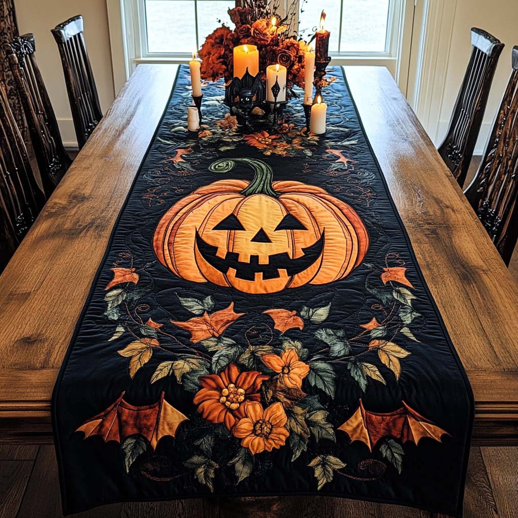Black quilted table runner with orange jack-o’-lantern and autumn floral border