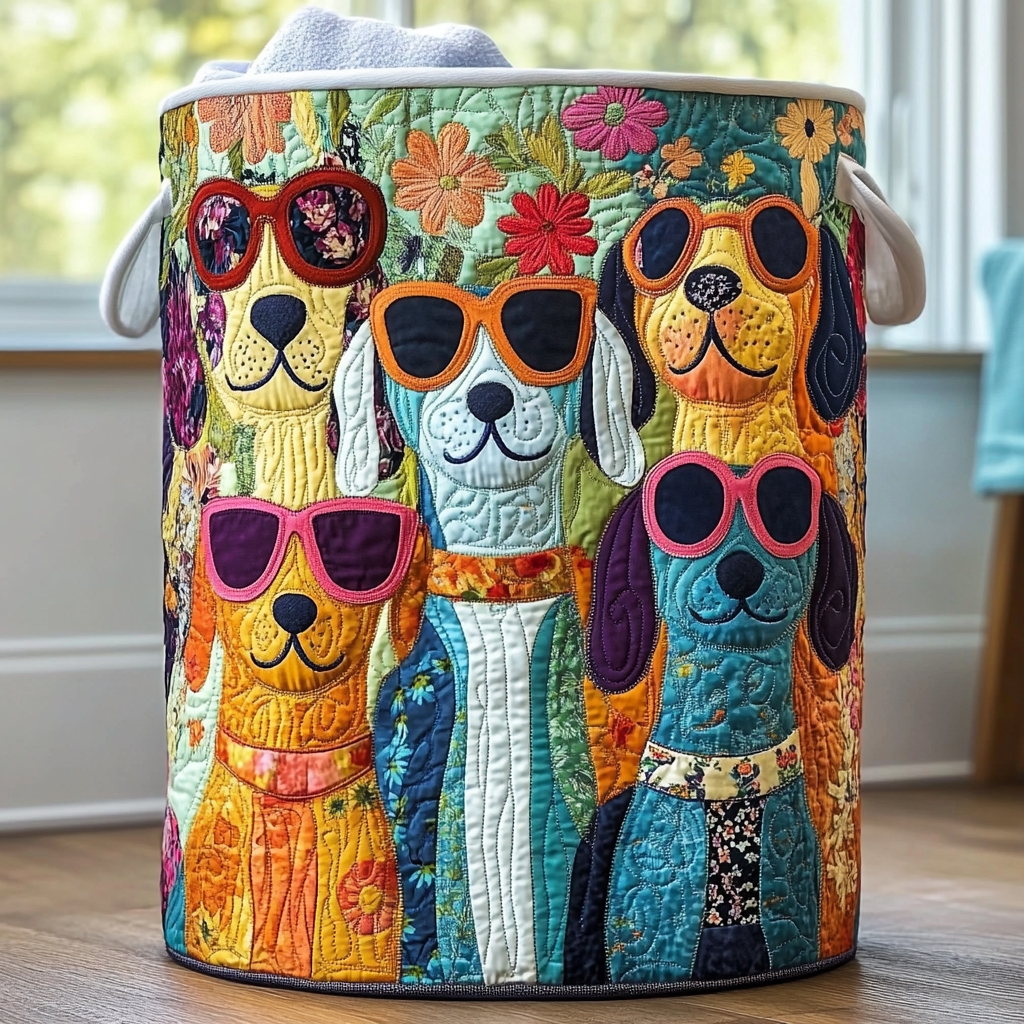 Artisan laundry basket with colorful quilted dog face patchwork and striped fabric sides