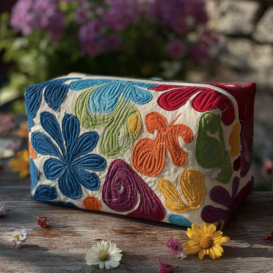 Quilted makeup bag with colorful floral applique pattern and zip top