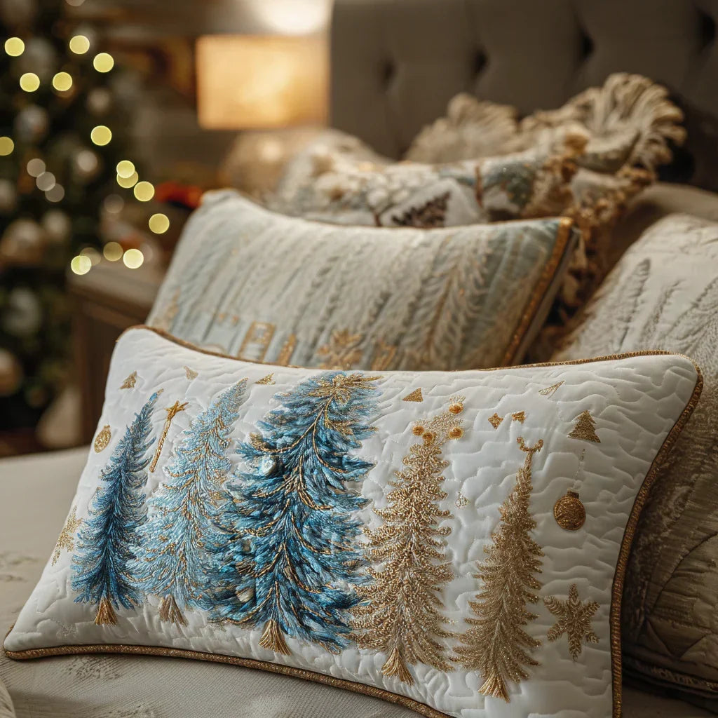 Quilted cushion cover with off-white forest tree print in blue and gold, piped trim