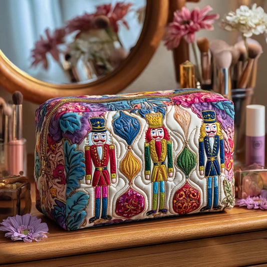 Padded makeup bag with colorful holiday nutcracker guard embroidery, rectangular zippered design