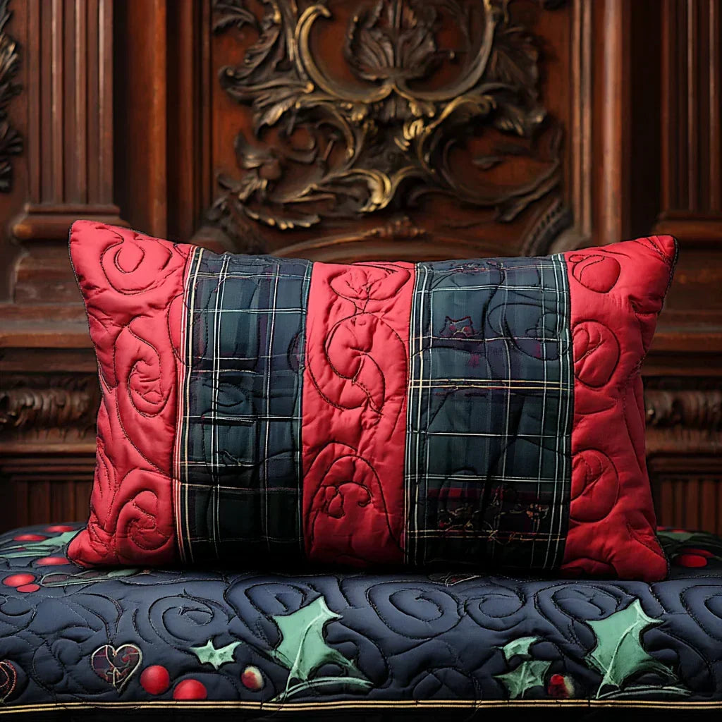 Red quilted cushion cover with heart stitching and dark plaid center panel