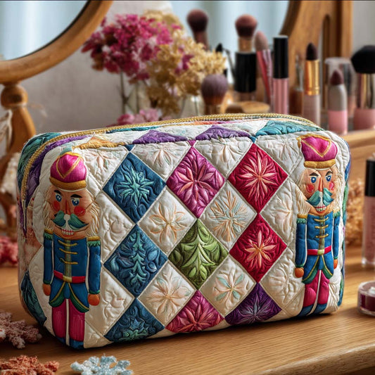 Quilted padded makeup bag with multicolor patchwork and nutcracker side panels, zipper top