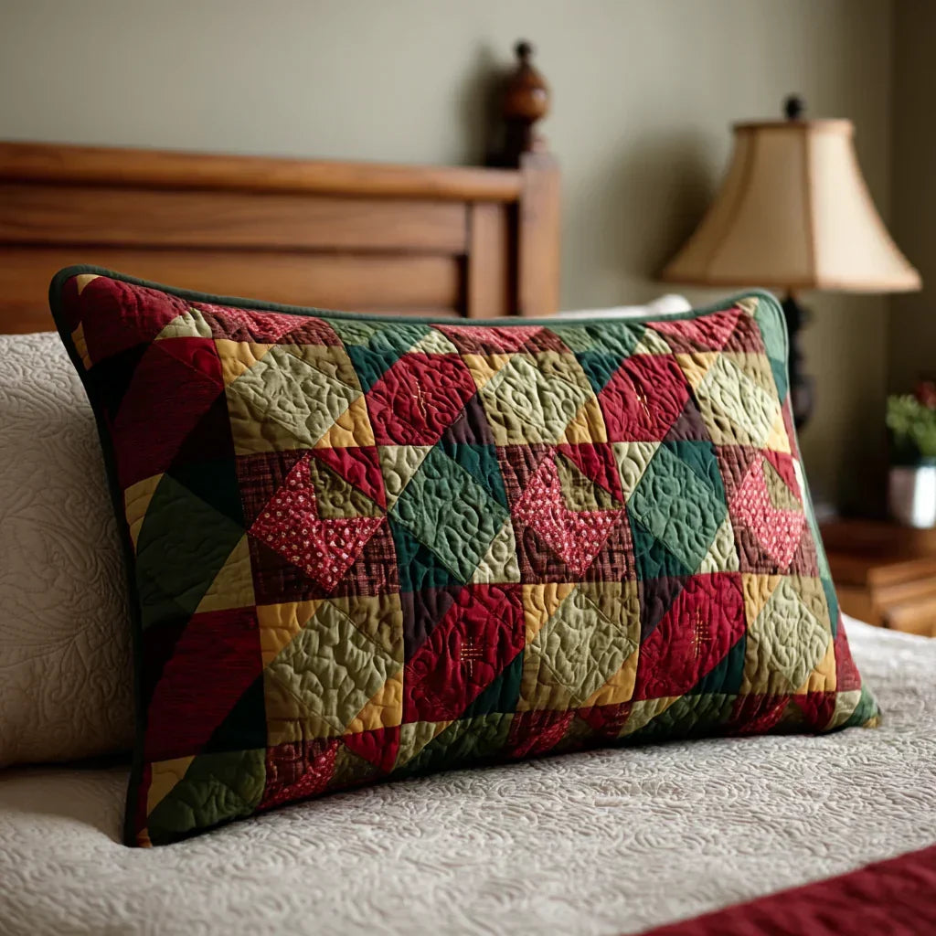 Quilted cushion cover with patchwork heart pattern, red green and cream blocks