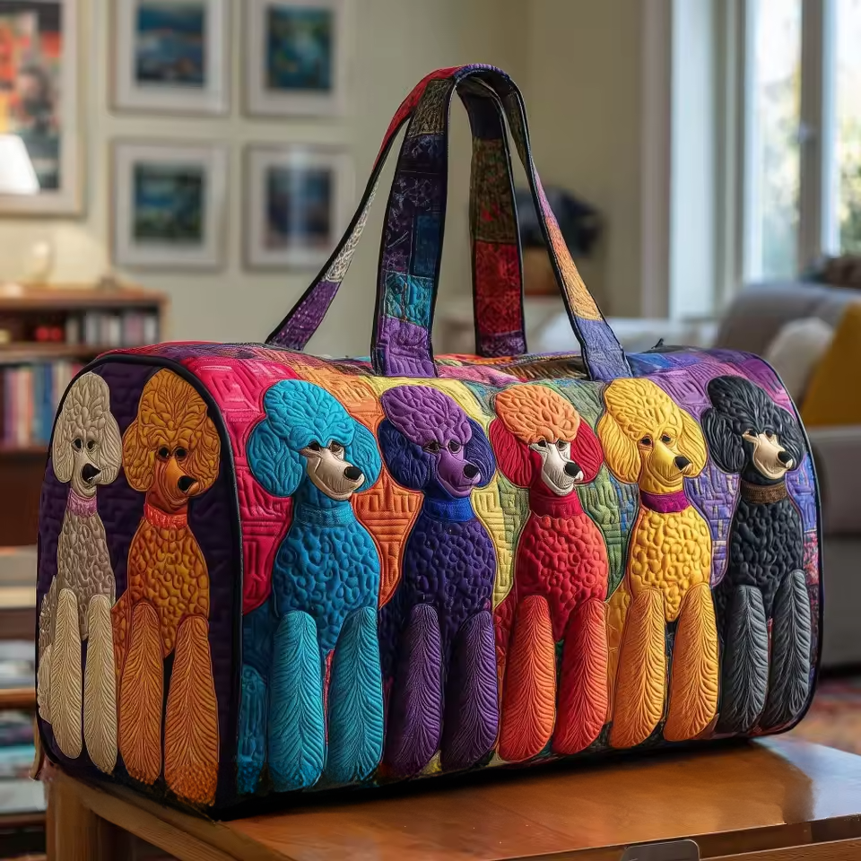 Soft travel bag with colorful dog applique and top carry handle