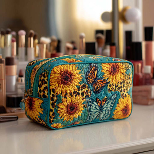 Padded makeup bag with teal, sunflower and leopard print, zip-top rectangular case