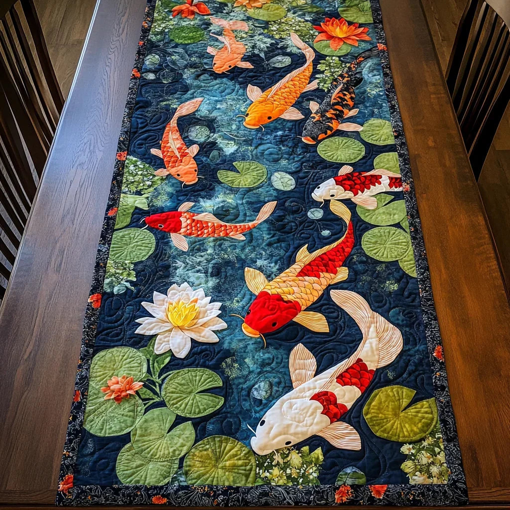 Quilted table runner with koi fish and lily pads on deep navy blue
