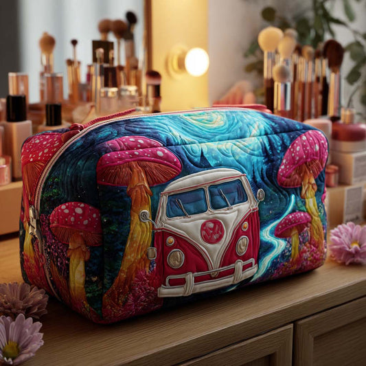 Padded makeup bag with colorful mushroom and camper van print, zippered top