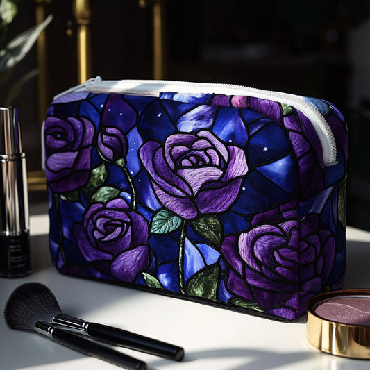 Padded makeup bag with midnight rose floral print, zippered top, structured lining