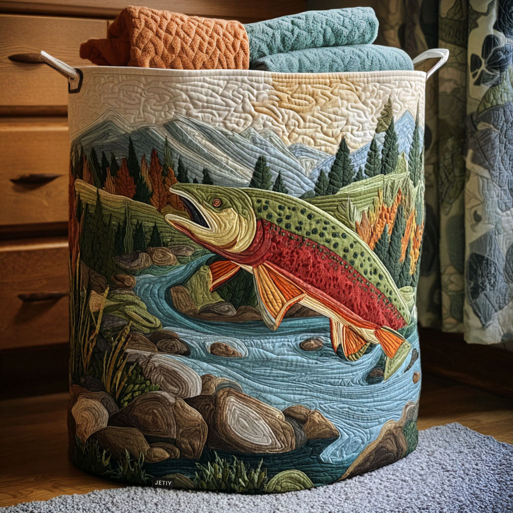 Artisan laundry basket with quilted landscape and fish graphic, fabric bin with handles