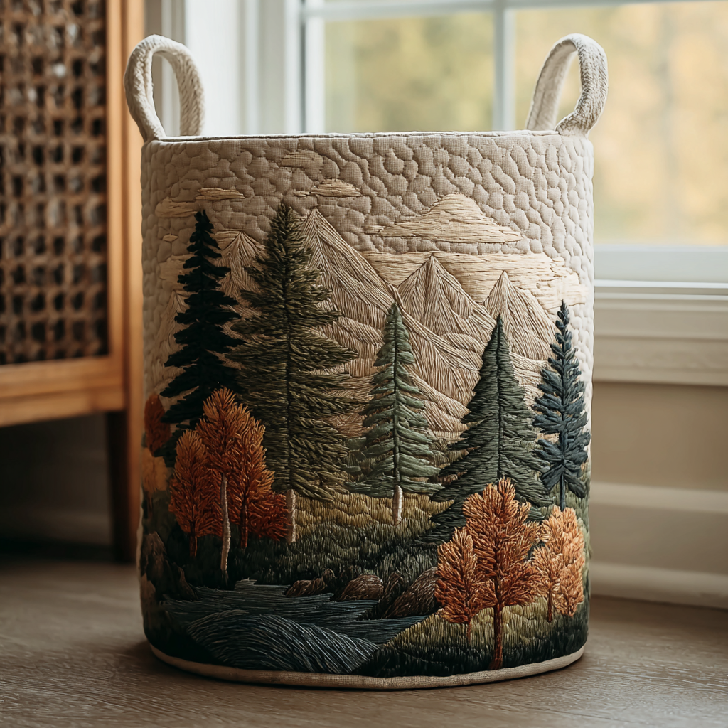 Handcrafted laundry basket with forest embroidery and loop handles