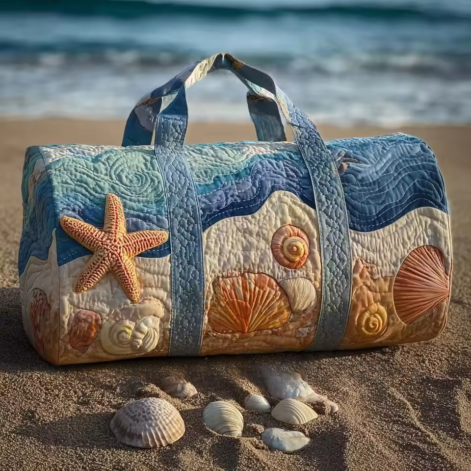 Quilted soft travel bag with ocean shell and starfish appliques, blue and tan panels.