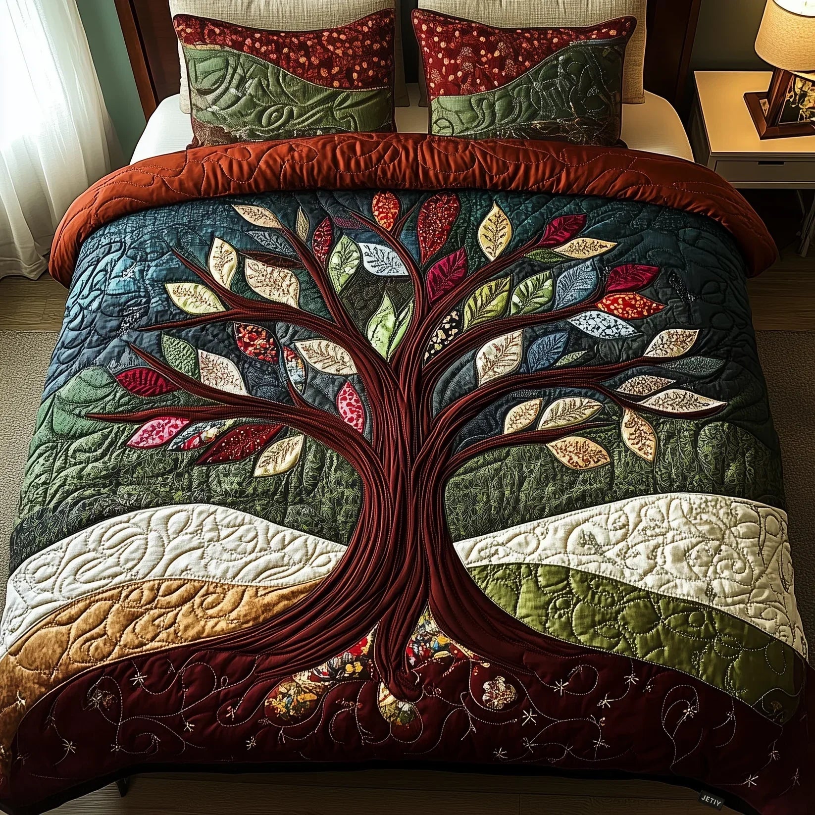 Quilted 3-piece bed set with dark tree and leaf pattern, green, red, and tan.