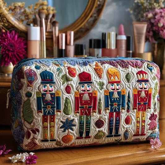 Padded makeup bag with multicolor nutcracker print and gold zipper