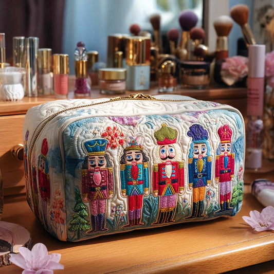 Quilted makeup bag with colorful nutcracker character print and gold zipper