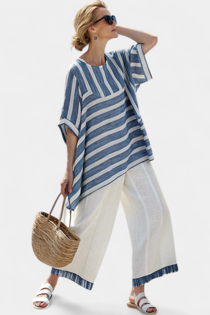 Blue striped tunic and cream wide-leg pants with blue-trim cuffs