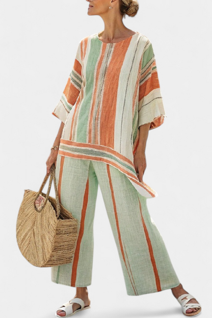 Women’s striped tunic and wide-leg pants set with vertical green, orange, and cream stripes.