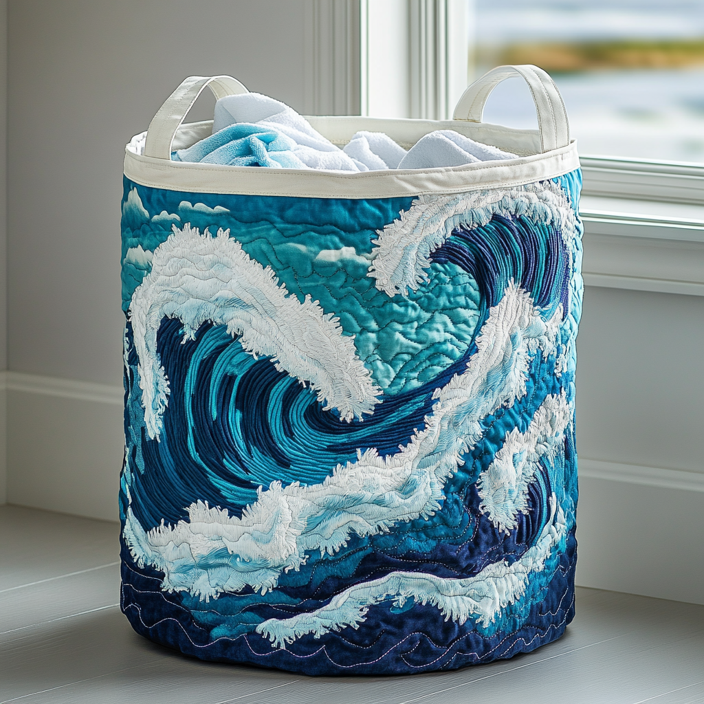Ocean Wave fabric laundry hamper with blue wave quilt design and two carry handles