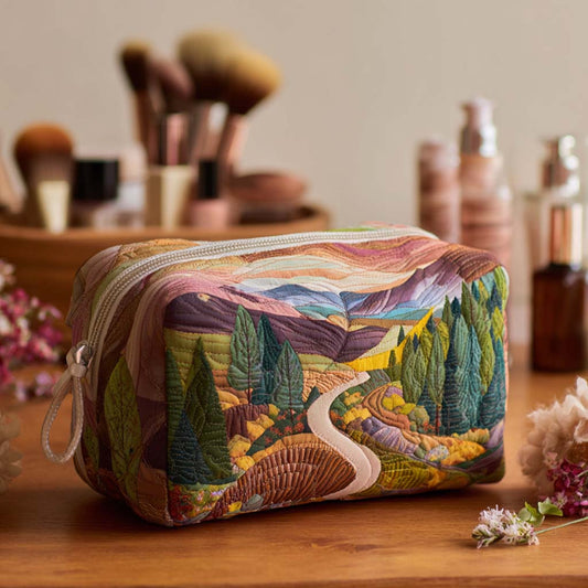Padded makeup bag with zipper, colorful landscape print and leaf-pine pattern
