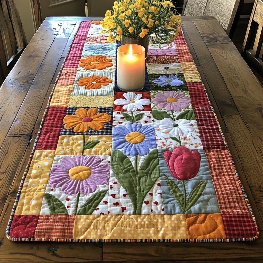 Quilted table runner with multicolor patchwork floral appliques and striped border